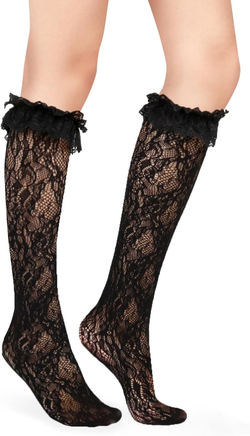 Benefeet Sox Lace Fishnet Knee High Socks Women Girls Ruffle Mesh Knee Highs Lolita Socks Fishnet Stockings - Image 2